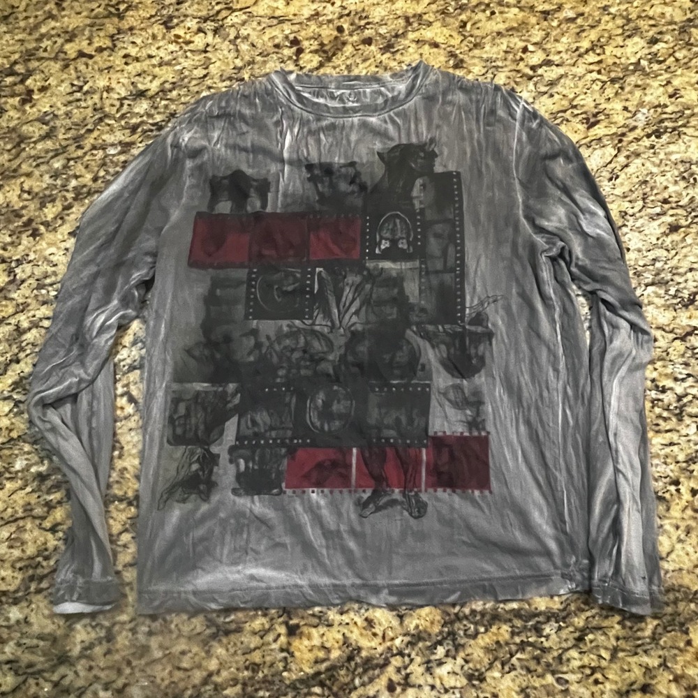 Decree Mens Long Sleeve‎ Graphic Tee Gray Acid Wash Grunge Film Strip Shirt XL